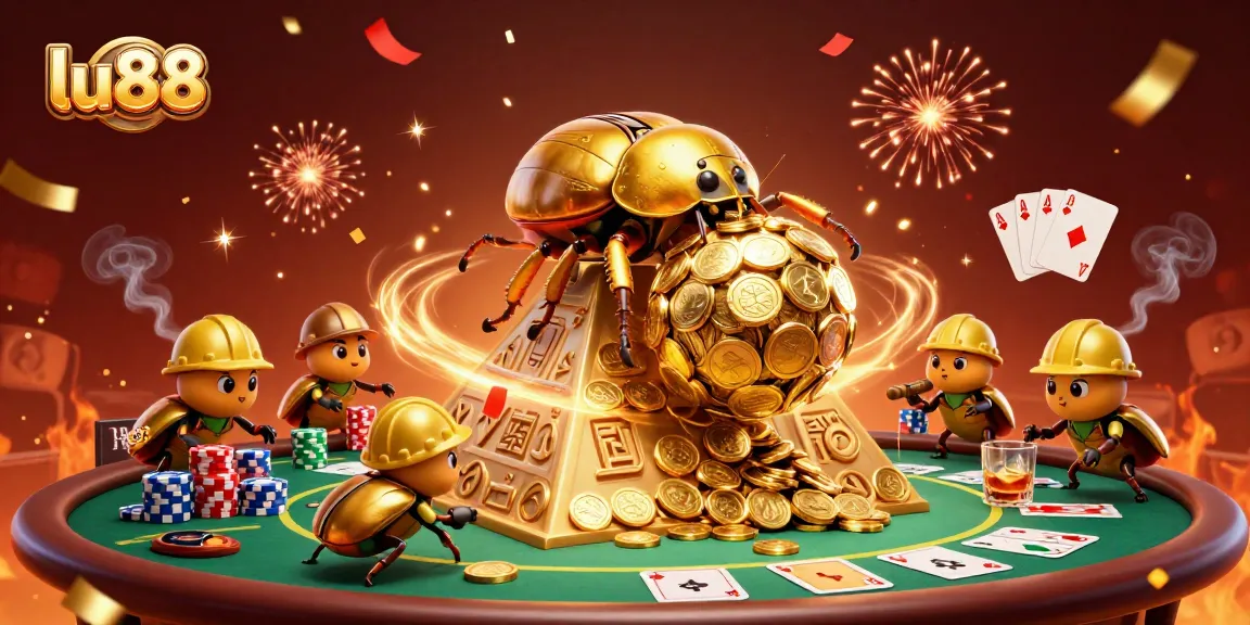 Experience exciting gaming at lu88 with a dynamic casino-themed illustration showcasing golden coins and poker elements.