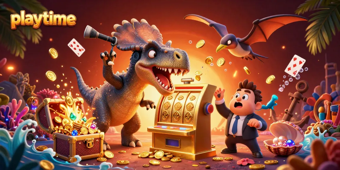 Experience playtime with a pachycephalosaurus winning jackpot coins while a pteranodon captures coins in this exciting casino scene.
