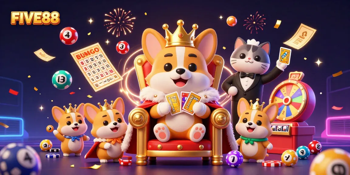 Engage with FIVE88 in this vibrant casino-themed scene showcasing gambling excitement and fun.