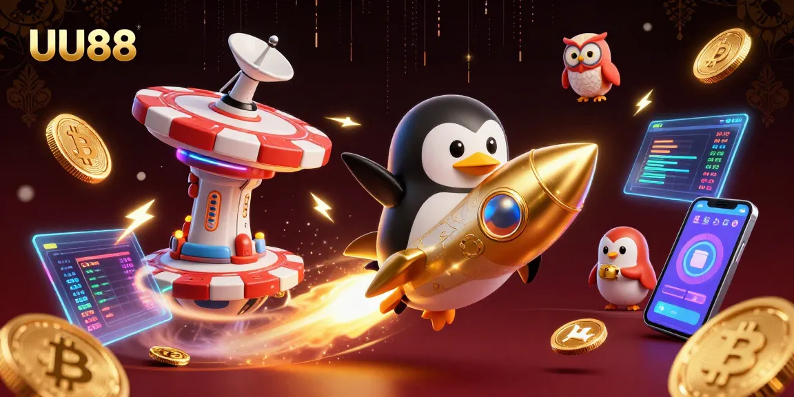 Experience thrilling gameplay with UU88's golden penguin navigating the cosmos of online casinos.