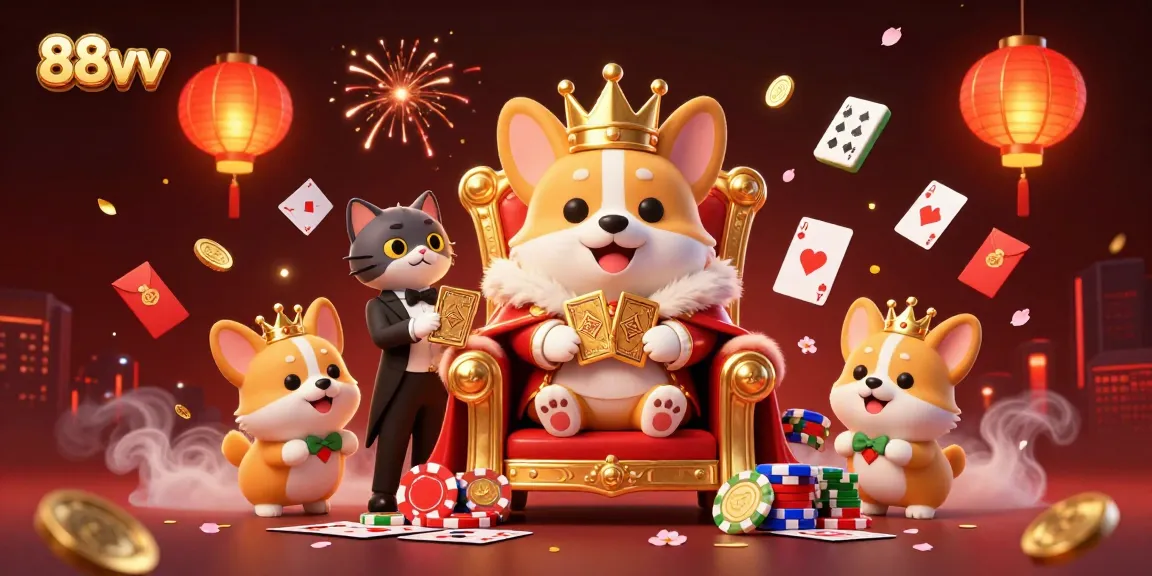 Experience the excitement of 88vv with a royal corgi king in a colorful casino scene.