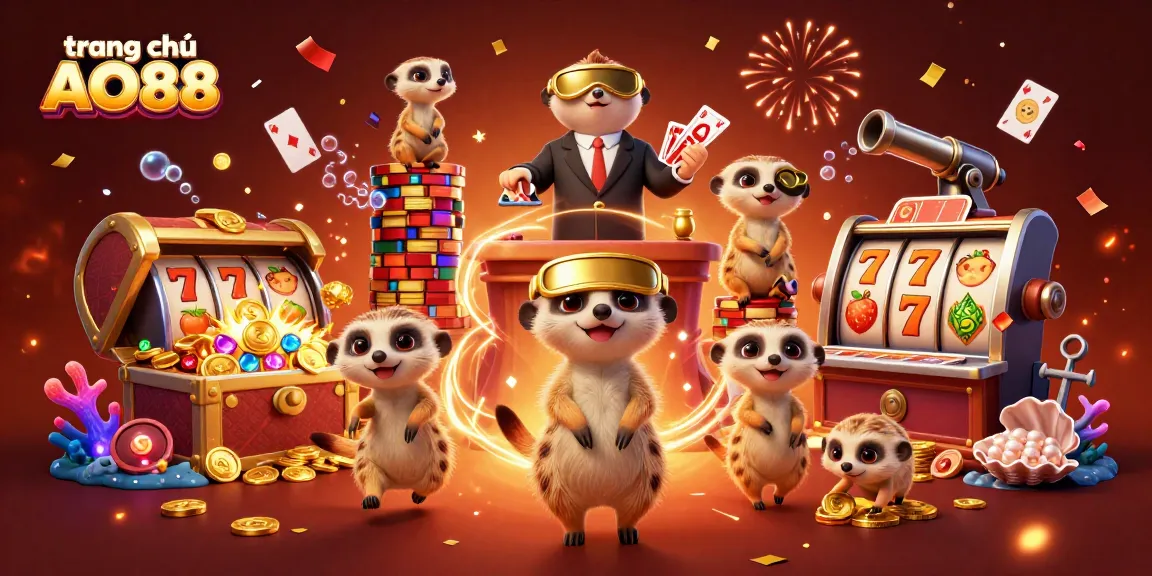 Experience the excitement on trang chủ AO88 with playful meerkats running a vibrant casino, surrounded by treasure and fun!