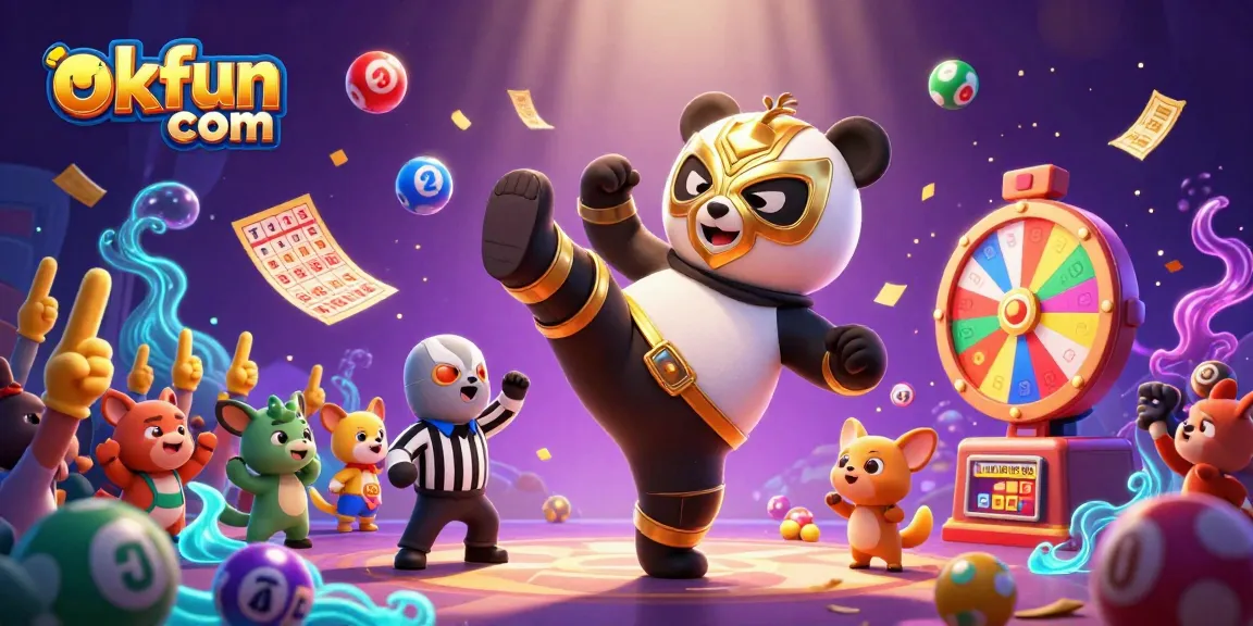 Experience high-energy action with the okfun com casino scene featuring a panda in lucha libre style.