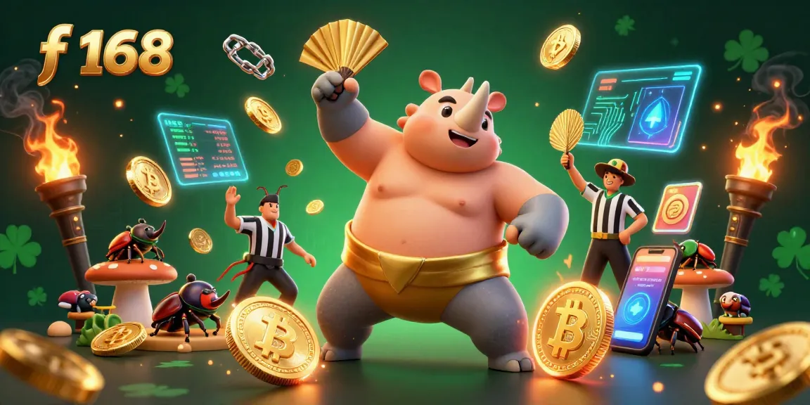 Engage with the vibrant f168 casino experience depicted by a beetle champion and crypto elements.