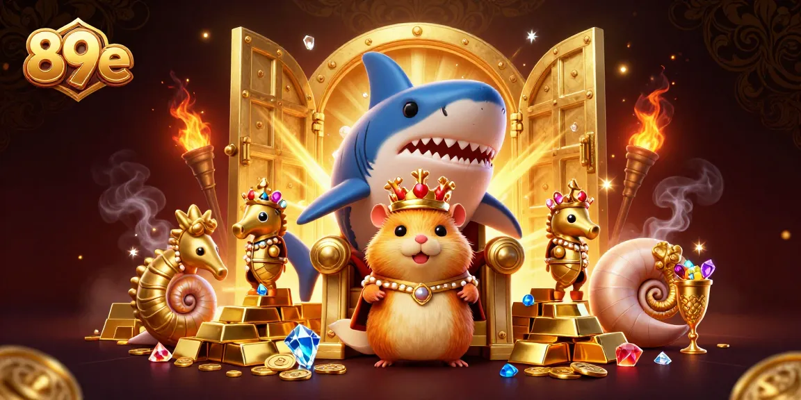 Experience thrilling gameplay with 89e, featuring a golden hamster king and treasure in a vibrant casino scene.