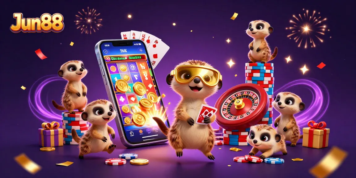 Experience thrilling gameplay at Jun88 with a lively scene depicting meerkats engaging in casino fun.