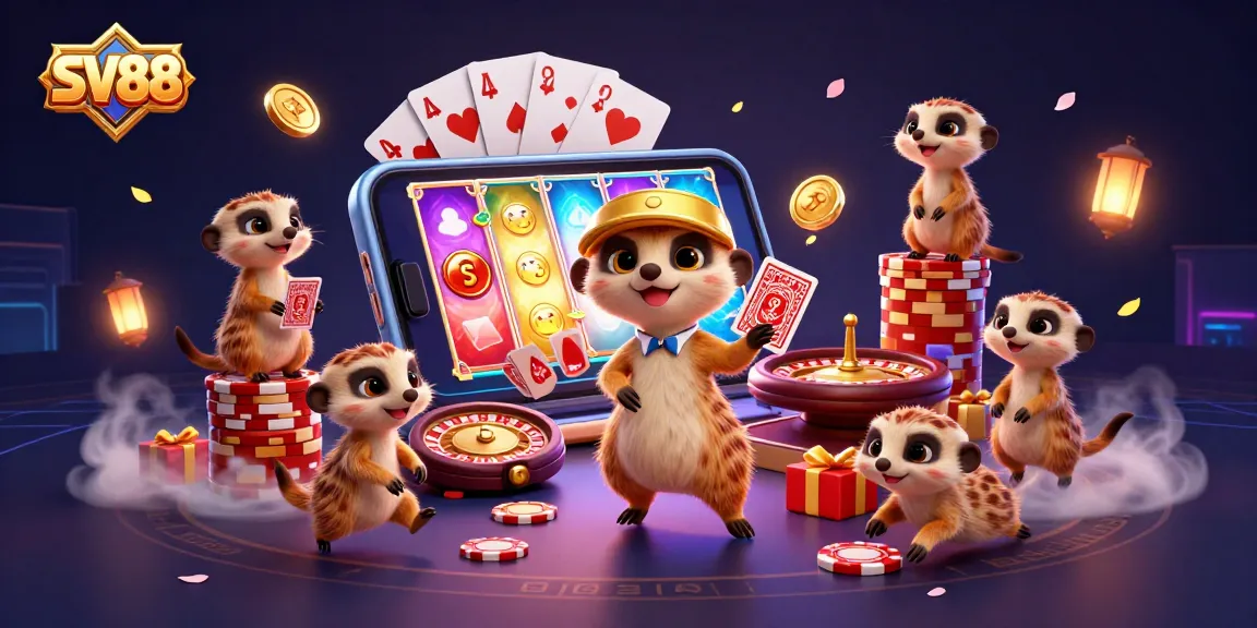 SV88 meerkats running a casino with dynamic gaming action, vibrant details, and rich visuals.