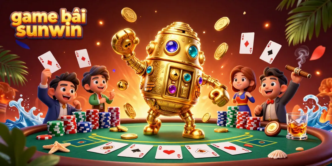 Spin to win with game bài sunwin, featuring a vibrant scene of a golden golem with poker elements.
