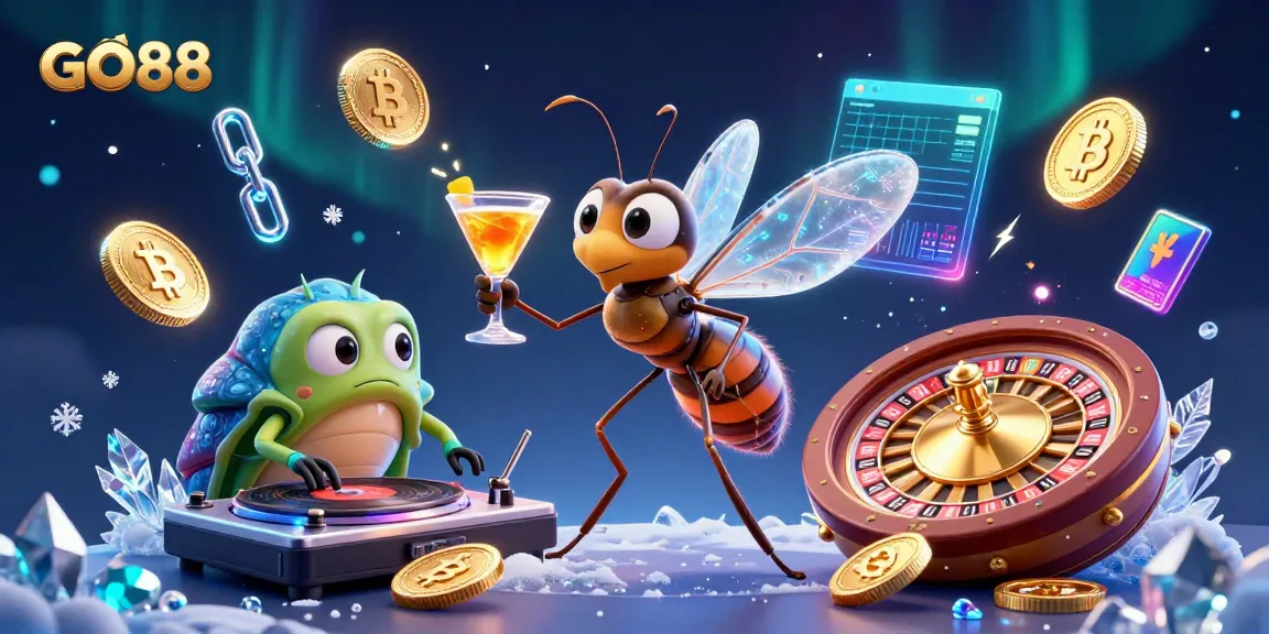 Experience the excitement of GO88 as a cartoon mosquito mascot engages in lively casino games.