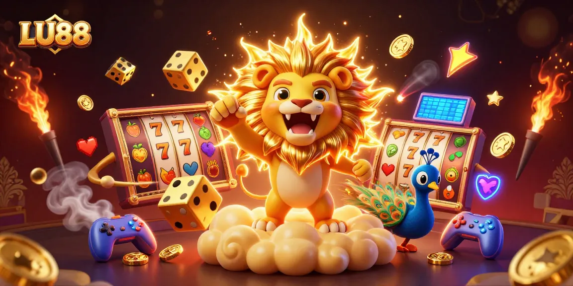 LU88 casino gaming scene featuring vibrant 3D characters and slot machines in action.
