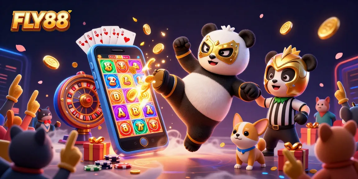 FLY88 energizes players with a vibrant 3D illustration featuring a panda wrestler and gambling elements.