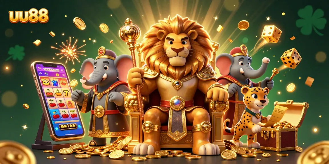Win big at uu88 with a lion king on a gold coin throne amidst explosive casino games.