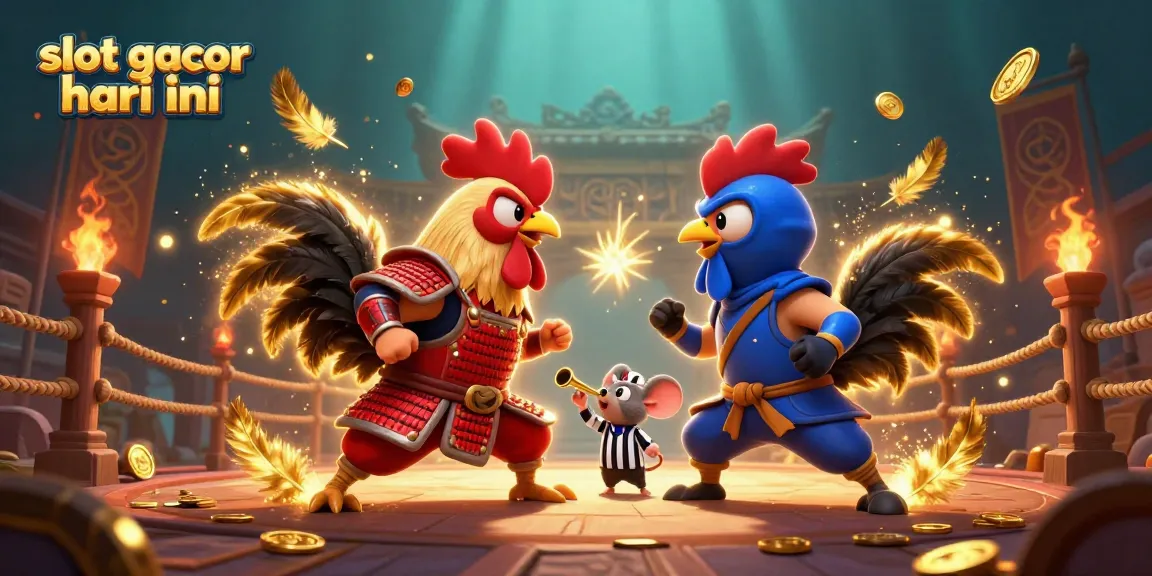 Experience the excitement of slot gacor hari ini with fierce roosters battling in a dynamic 3D scene.