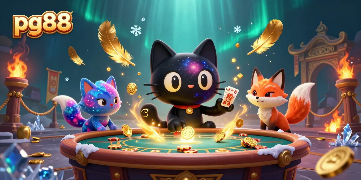 Engaging cosmic scene showcasing pg88 with a black hole cat at a vibrant casino table.