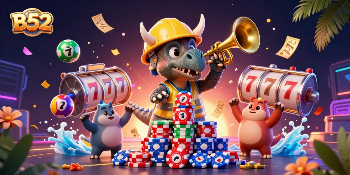 Engage with the exciting B52 casino experience as a triceratops builds a tower of poker chips.