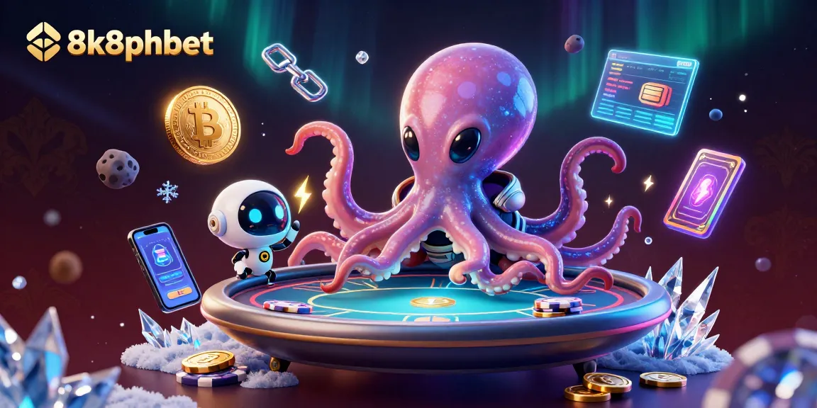 Engage in thrilling gameplay with 8k8phbet, featuring an alien octopus at a holographic poker table.