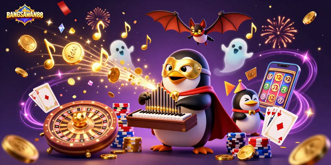 BANGSAWAN88 delights players with a vibrant 3D casino illustration featuring a phantom penguin and flying coins.