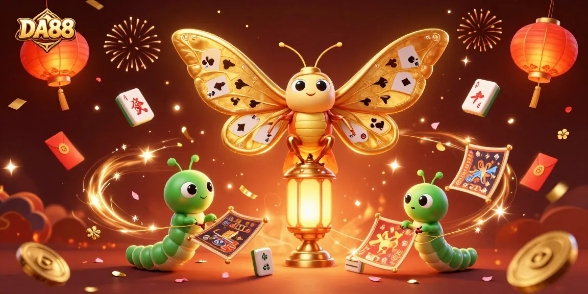 DA88 presents a vibrant casino scene with a cartoon moth, gaming tiles, and celebratory elements.