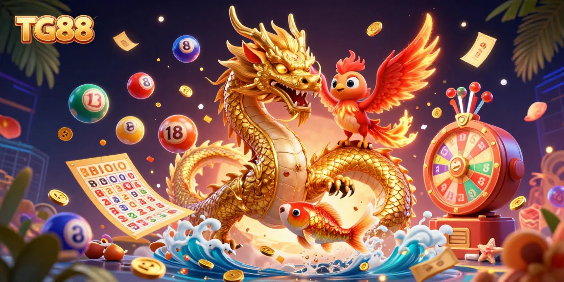 Experience incredible wins at TG88 with a golden dragon, phoenix, and koi fish amidst exciting gambling elements.