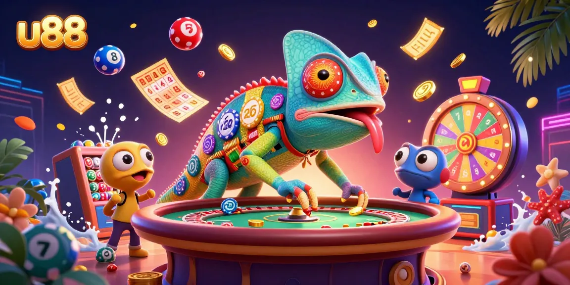 Watch the vibrant world of u88 come alive with the chameleon casino owner amidst colorful gaming elements.