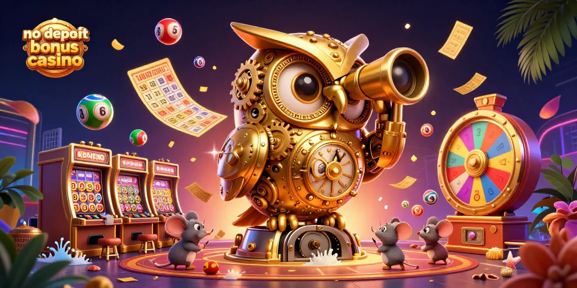 Experience thrilling fun at a no deposit bonus casino with vibrant characters and slots in a dynamic scene.