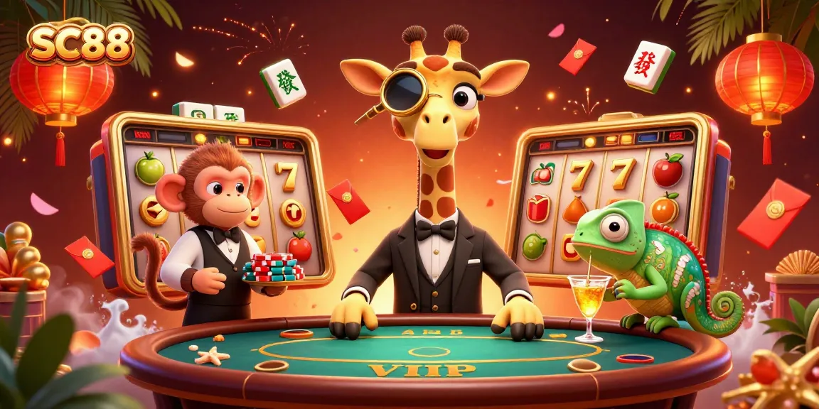 Experience the excitement of SC88 with vibrant 3D casino elements including poker, slots, and cocktails.